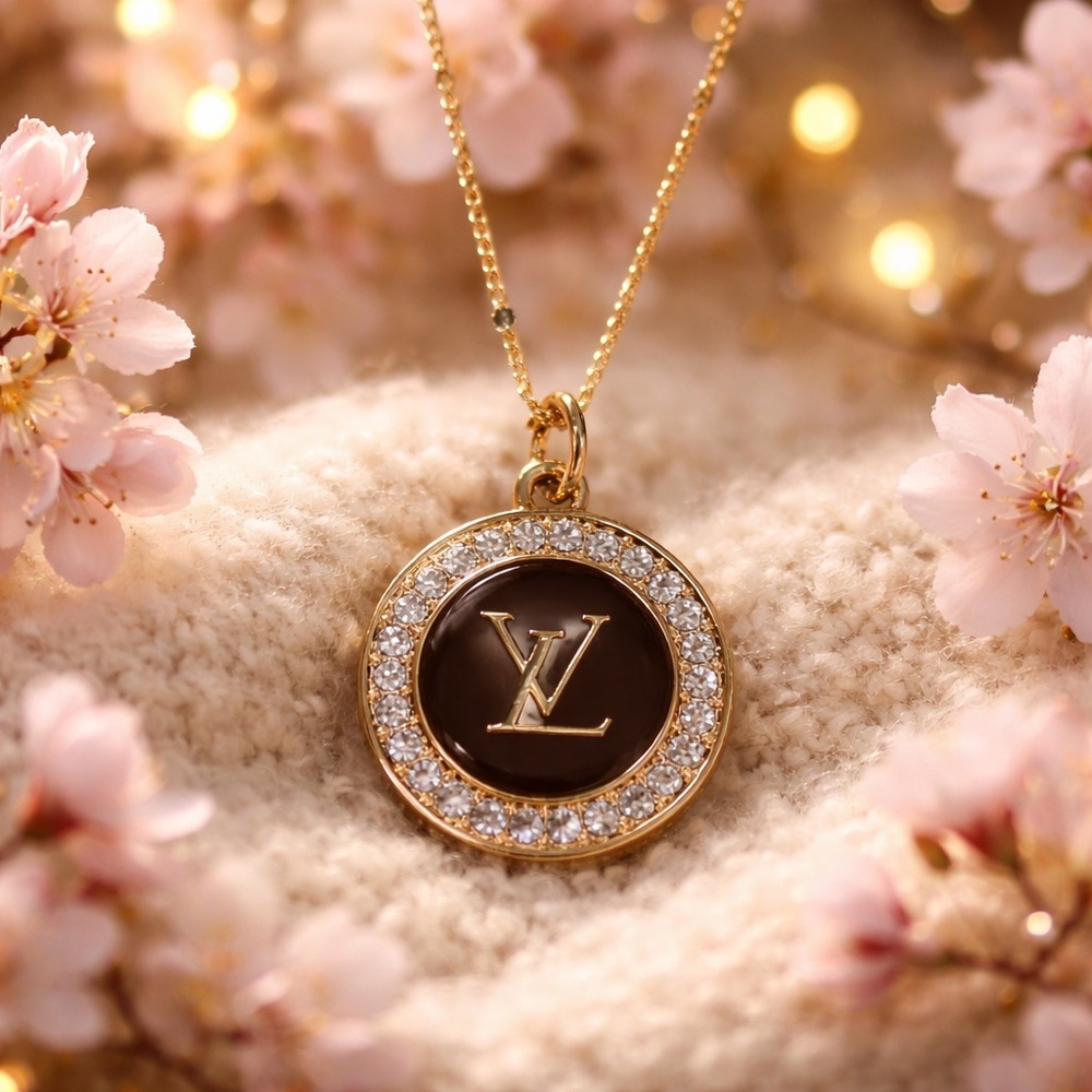 Elegant Black and Gold LV Charm with Gold ball chain